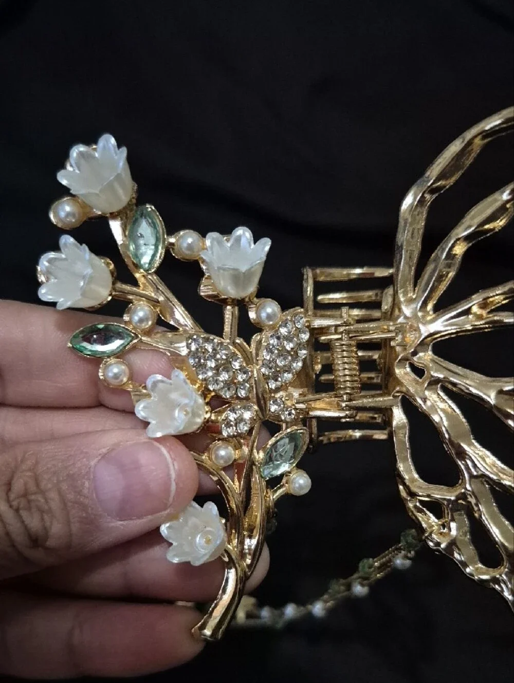 Gold Butterfly Floral Hair Clip with Pearls and Green Accents